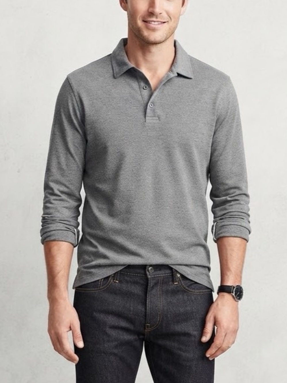 J. Crew Men’s Long Sleeve Heather Grey Polo Shirt Size Large